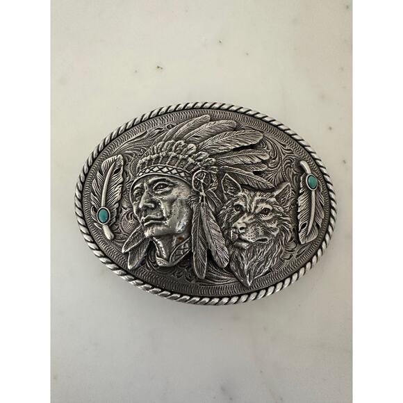 Native American Indian chief belt buckle  with wolf and turquoise - Picture 1 of 2